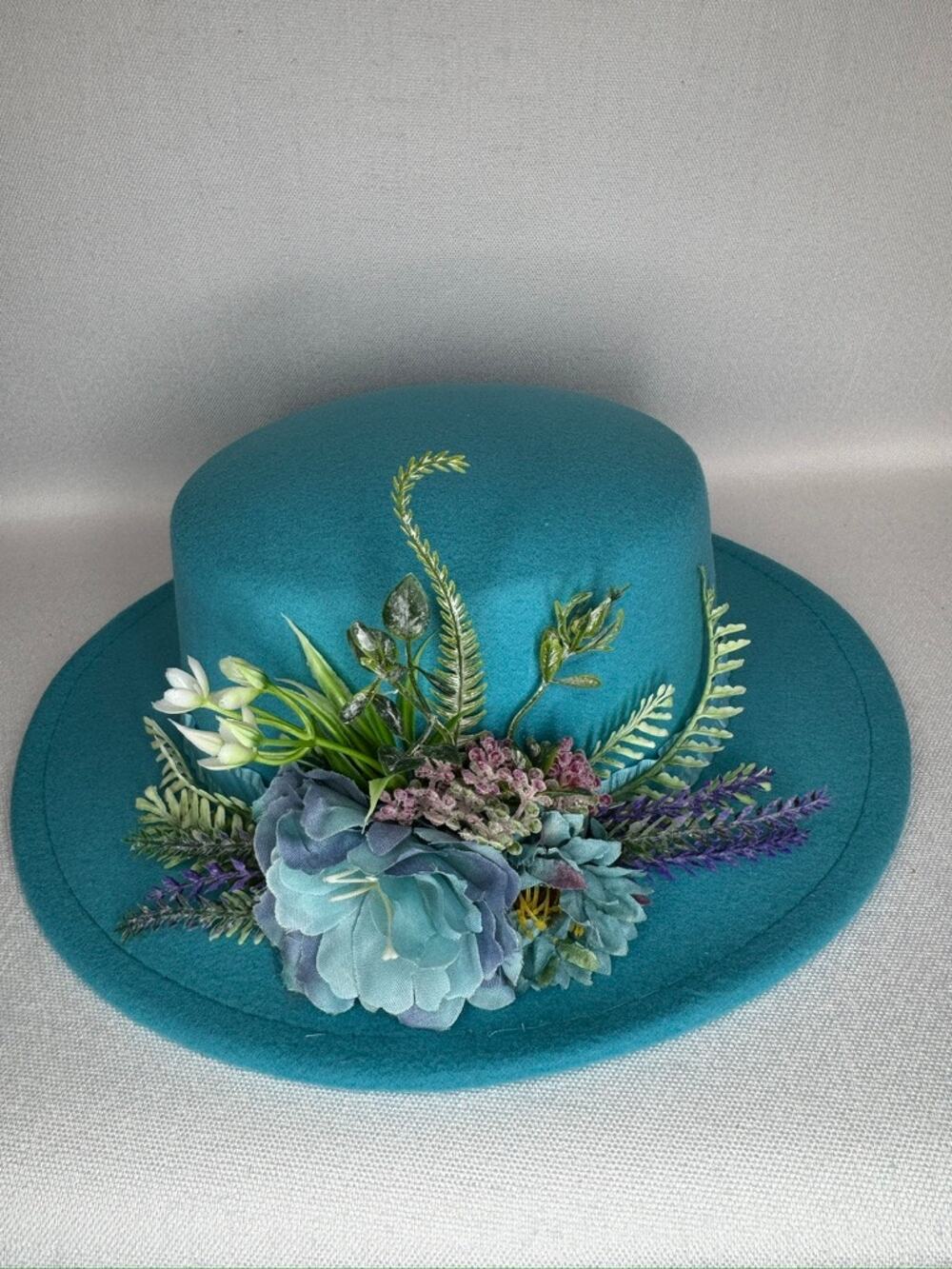 450. Teal Floral Derby Boater Hat Wide Brim One Size